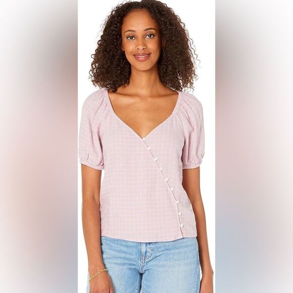 Madewell Linen-Blend Puff-Sleeve Button-Wrap Top in Plaid Lavender 3x - Picture 12 of 13